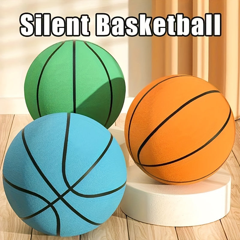 Silent Basketball in orange, blue, and green colors displayed on white pedestal - noiseless indoor sports equipment