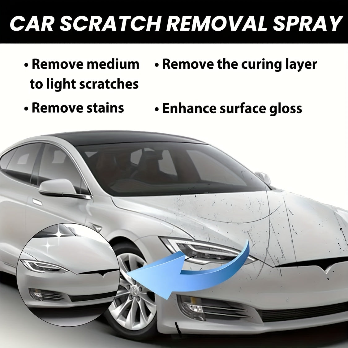 Silver car showing before-after scratch removal results with HighPeak Instant Scratch Eraser spray - demonstrating paint restoration