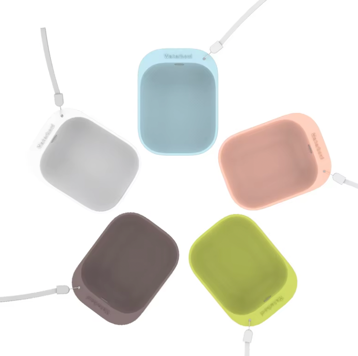 SipPup Cap portable pet water dispensers in pastel colors - green, blue, pink, gray, and brown with lanyard attachments