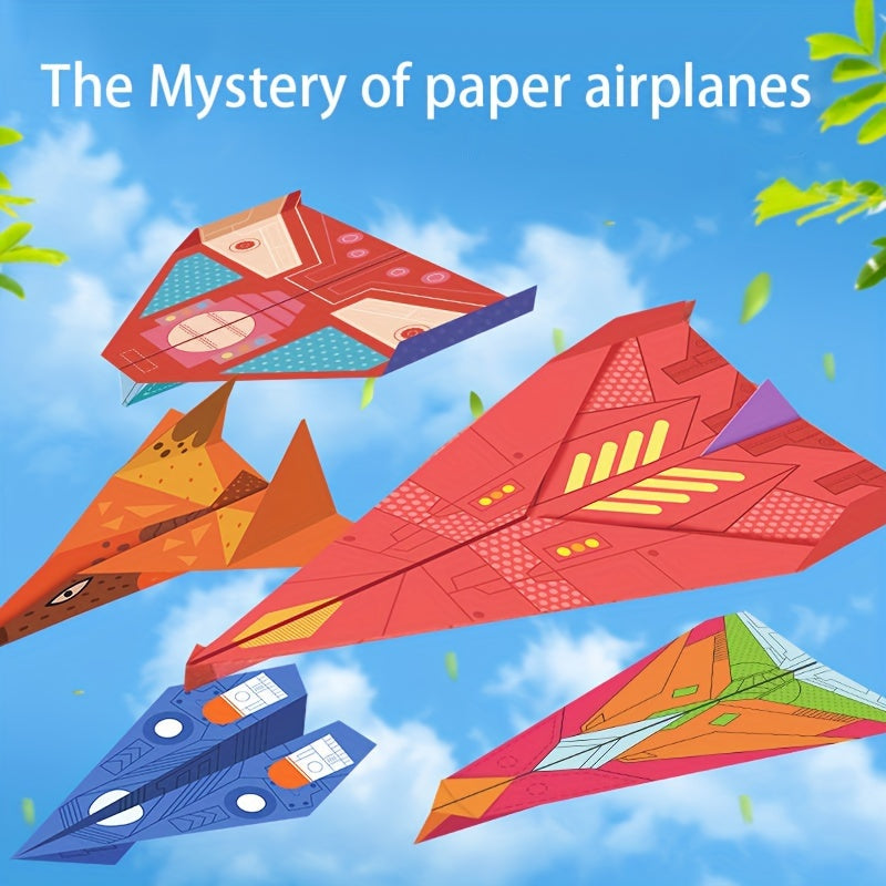 SkyGlide colorful paper airplanes in red, orange, and blue soaring through sky with floating leaves - DIY origami craft set