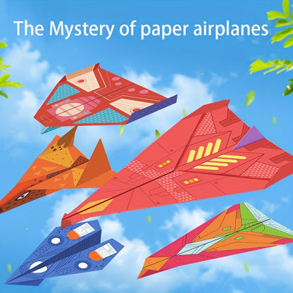 SkyGlide colorful paper airplanes in red, orange, and blue soaring through sky with floating leaves - DIY origami craft set