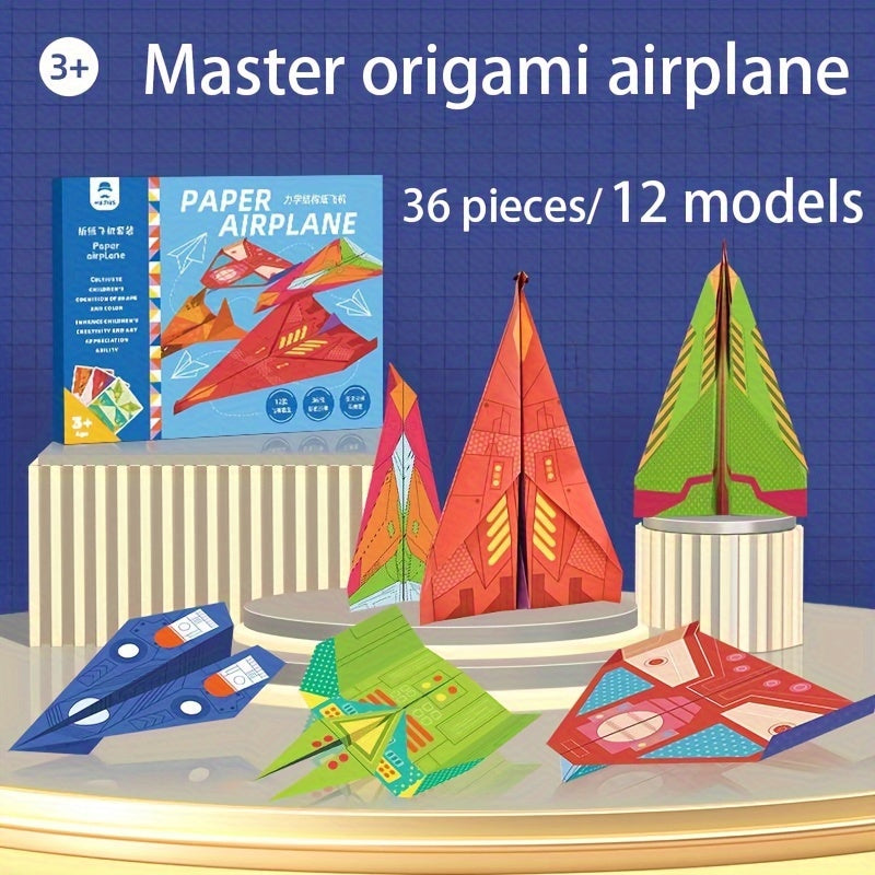 SkyGlide origami airplane set displaying colorful paper planes in red, blue, and green with instruction book and 36 pre-creased sheets