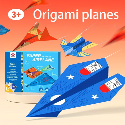 SkyGlide paper airplane kit displaying blue origami plane model and instruction book on coral background - kids craft set