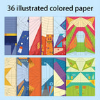 SkyGlide paper airplane kit featuring 36 vibrant pre-creased origami sheets with geometric patterns and fold lines