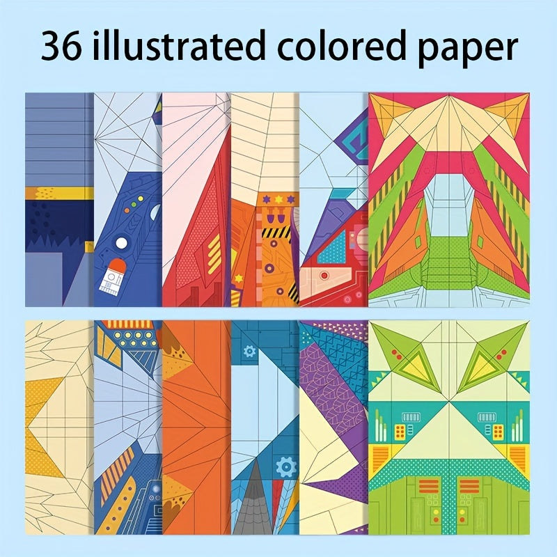 SkyGlide paper airplane kit featuring 36 vibrant pre-creased origami sheets with geometric patterns and fold lines
