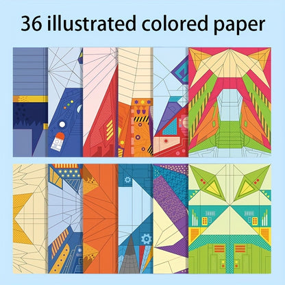 SkyGlide paper airplane kit featuring 36 vibrant pre-creased origami sheets with geometric patterns and fold lines