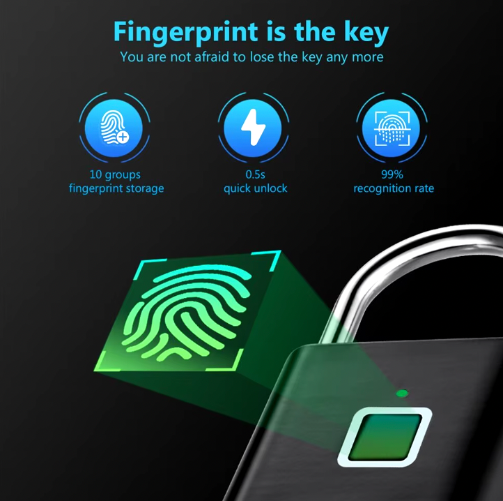 SmartPrint Fingerprint Lock features green biometric scanner, quick unlock icon, and 99% recognition rate display on black background