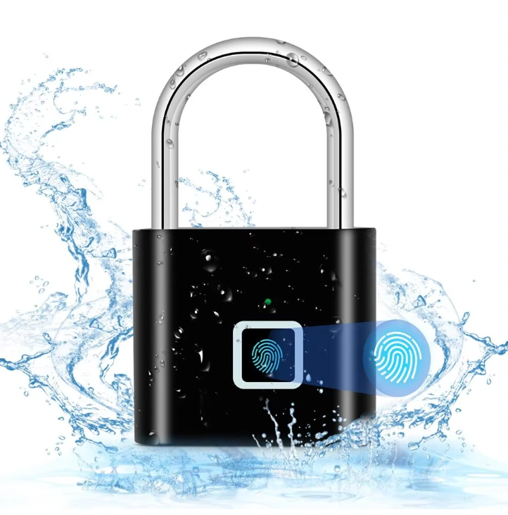 SmartPrint Fingerprint Lock in black with silver shackle, waterproof design, and glowing blue fingerprint sensor splash display