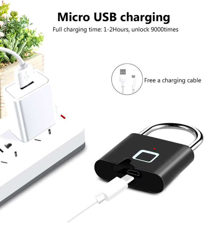 SmartPrint Fingerprint Lock with USB charging cable and power adapter shown plugged into electrical outlet - quick charging feature