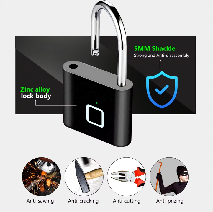 SmartPrint Fingerprint Lock with black zinc alloy body, chrome shackle, security features and biometric fingerprint sensor displayed