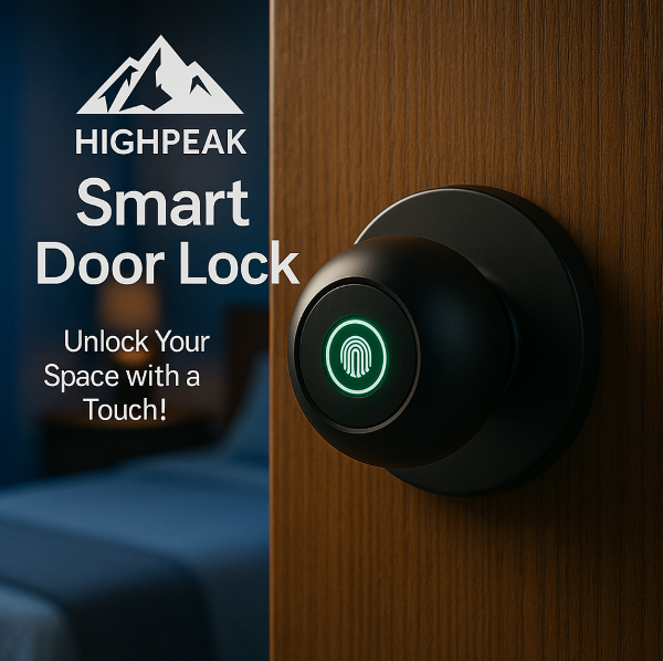 HighPeak Smart Door Lock with illuminated fingerprint sensor in black mounted on wooden door - modern security solution