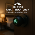 HighPeak Smart Door Lock with illuminated fingerprint scanner mounted on wooden door in warm-lit bedroom setting