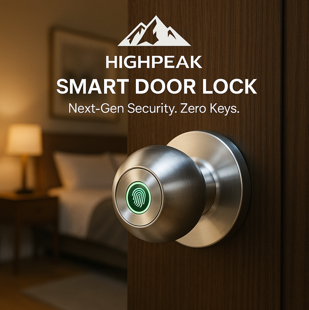 HighPeak Smart Door Lock with fingerprint scanner in brushed silver finish mounted on wooden door in bedroom setting