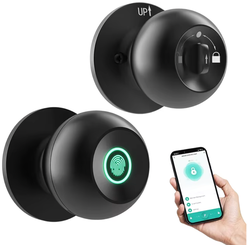 Smart Door Lock in matte black with illuminated fingerprint sensor and mobile app control interface