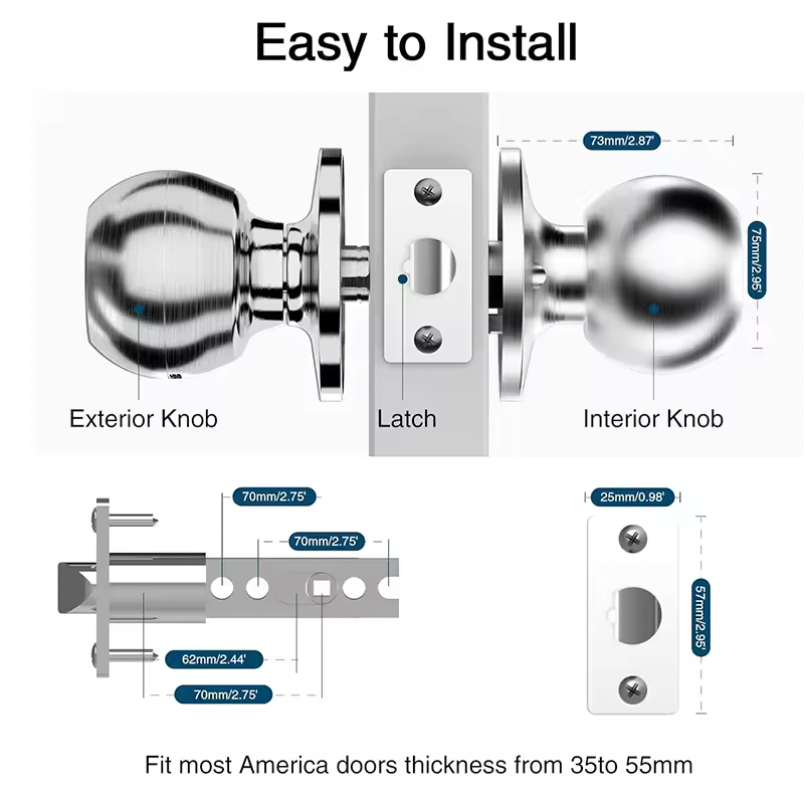 Smart Door Lock installation diagram showing chrome knob components and measurements for standard door fitting sizes