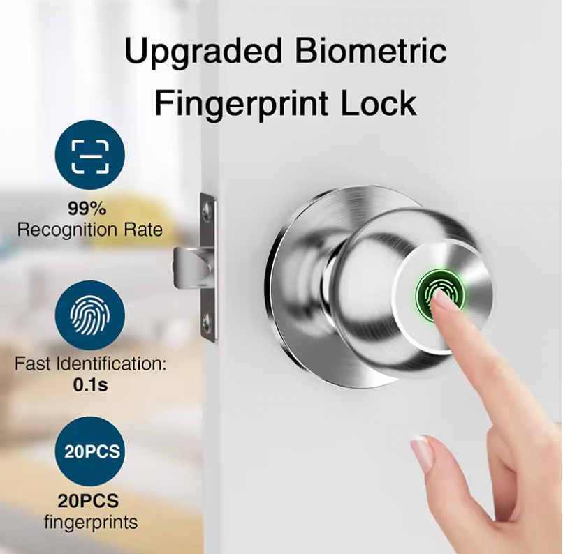 Smart Door Lock with biometric fingerprint scanner in brushed silver finish - modern security doorknob with LED indicator