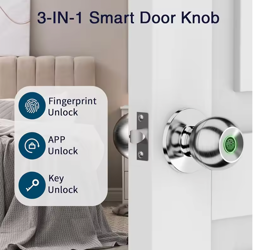 Smart Door Lock with fingerprint, app, and key unlock features shown on chrome doorknob against white door