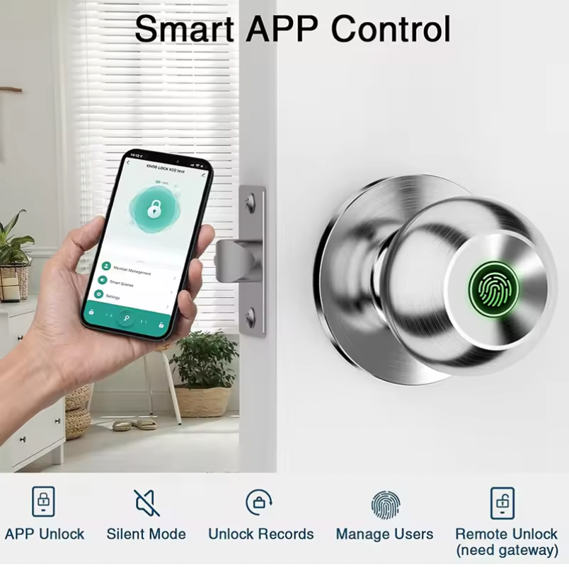 Smart Door Lock with fingerprint scanner and app control shown in brushed silver finish with smartphone interface