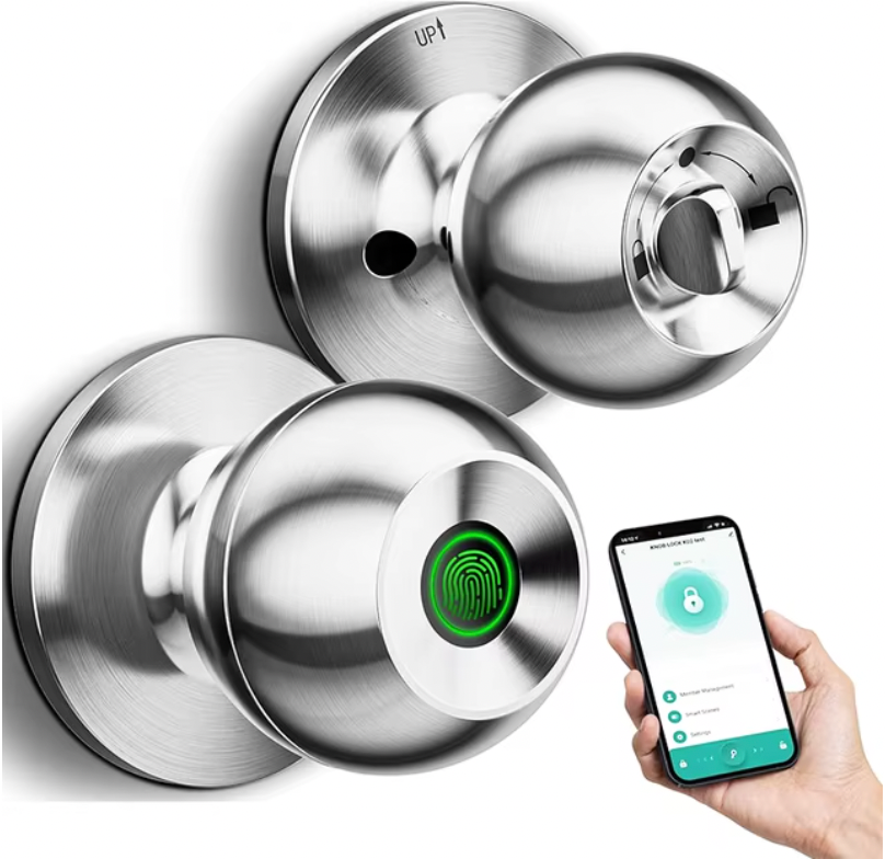 Smart Door Lock with fingerprint scanner in brushed silver finish, shown with smartphone app control interface