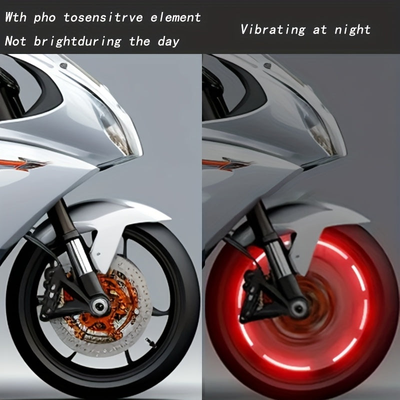 SolarFlare LED Wheel Lights shown on motorcycle tire, day-night comparison with red glowing effect in motion at night