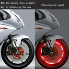 SolarFlare LED Wheel Lights shown on motorcycle tire, day-night comparison with red glowing effect in motion at night