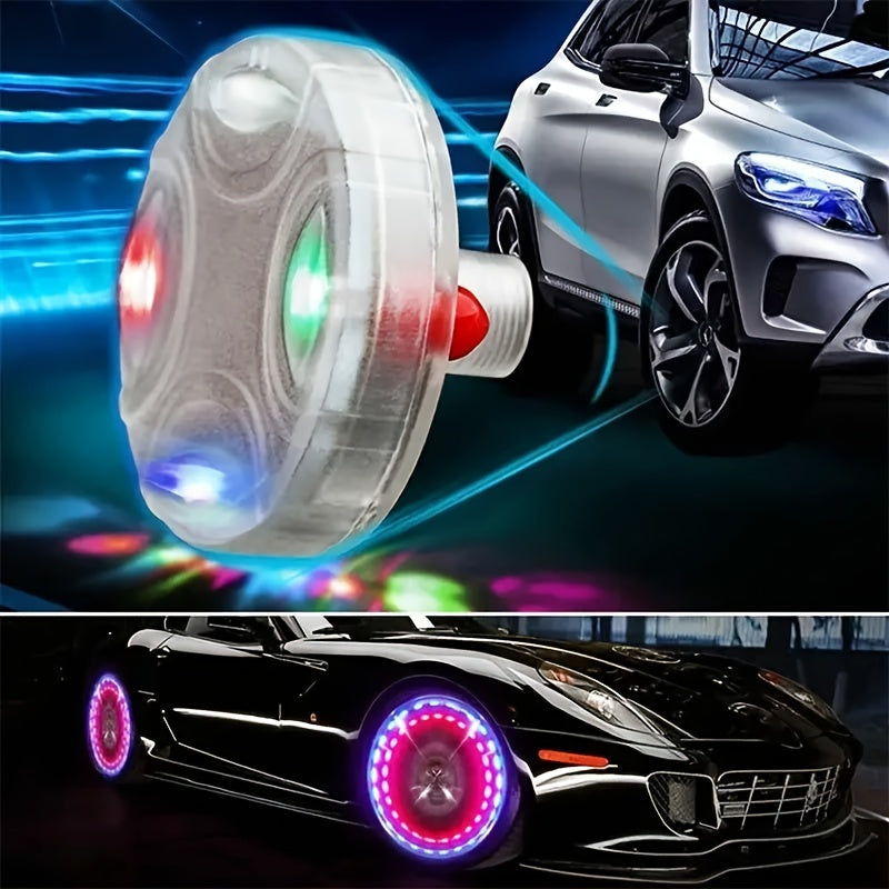 SolarFlare LED wheel light with multicolor illumination displayed on luxury car tire - motion-activated automotive accent lighting