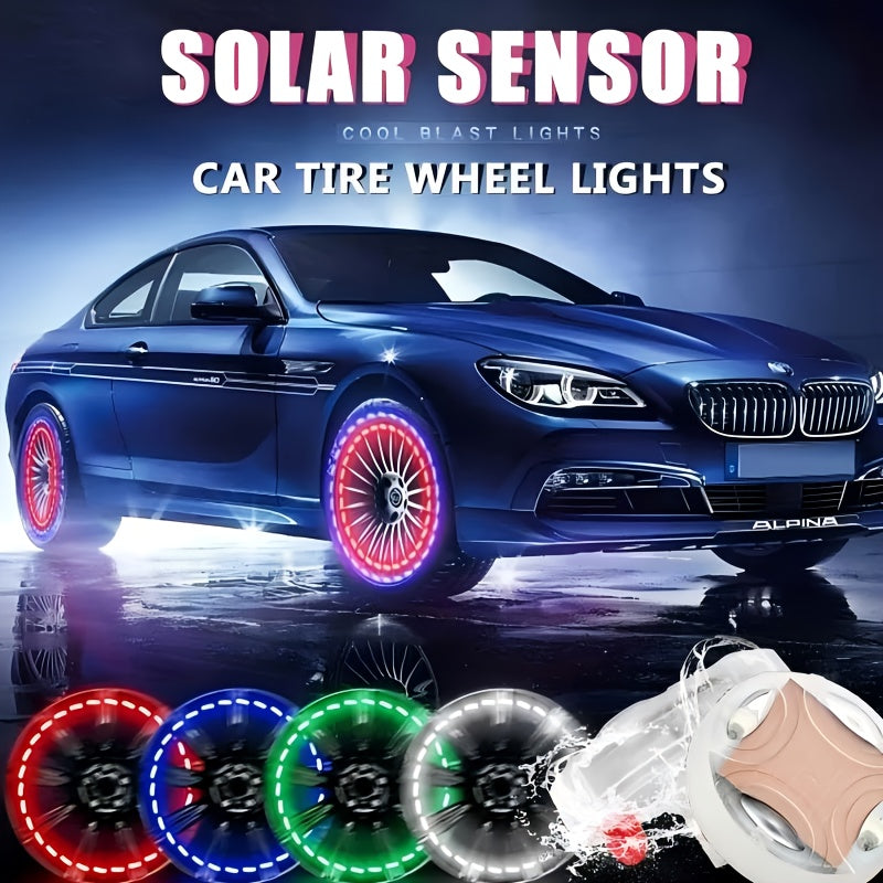 SolarFlare LED wheel lights displaying vibrant red glow on luxury car wheels - multicolor solar-powered tire illumination demo