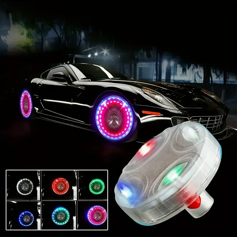 SolarFlare LED wheel lights illuminating black sports car wheels with vibrant multicolor glow at night - motion activated rim lighting