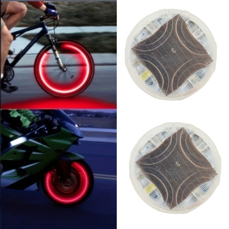 SolarFlare LED wheel lights shown in bright red glow on bicycle and motorcycle tires, with circular solar-powered light units