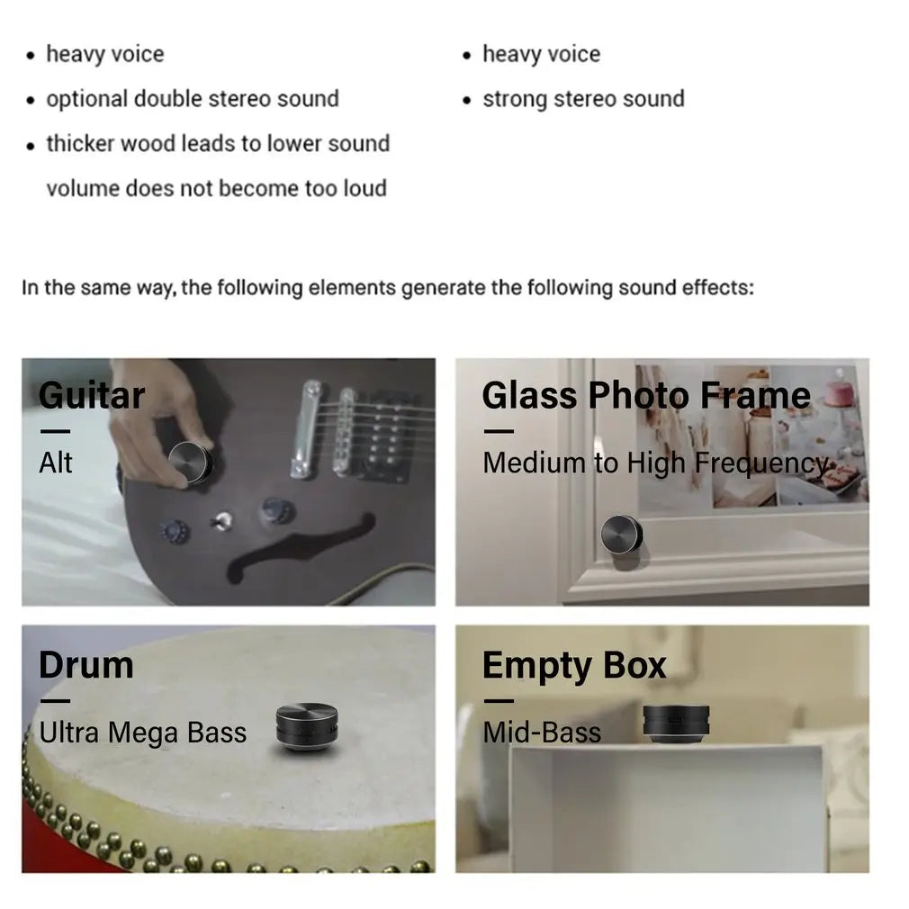 SonicPulse bone conduction speaker demonstrated on guitar, glass frame, drum, and empty box showing different sound effects and frequencies