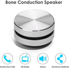 SonicPulse bone conduction speaker in metallic silver with circular design and brushed aluminum finish showing feature icons