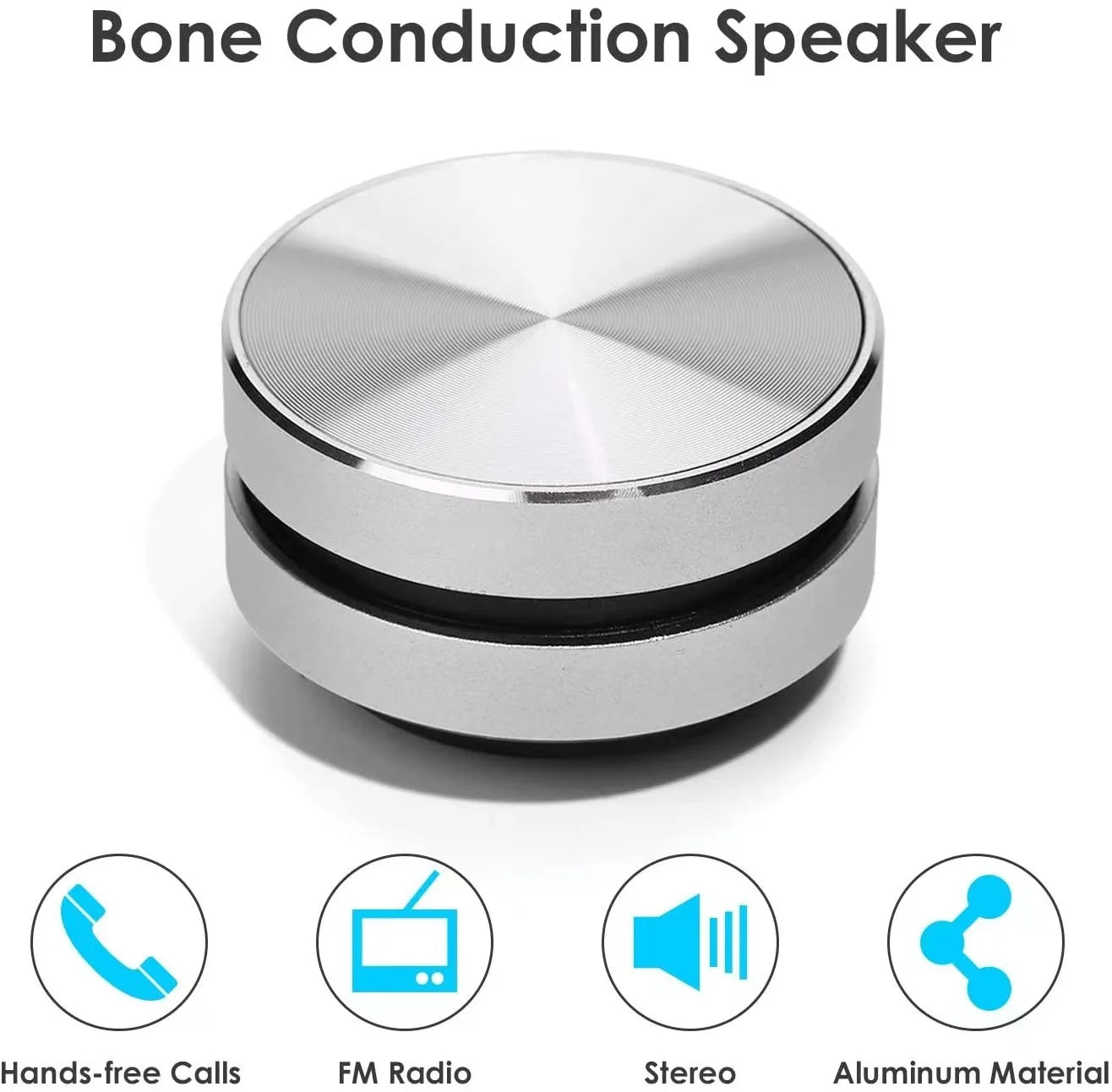 SonicPulse bone conduction speaker in metallic silver with circular design and brushed aluminum finish showing feature icons