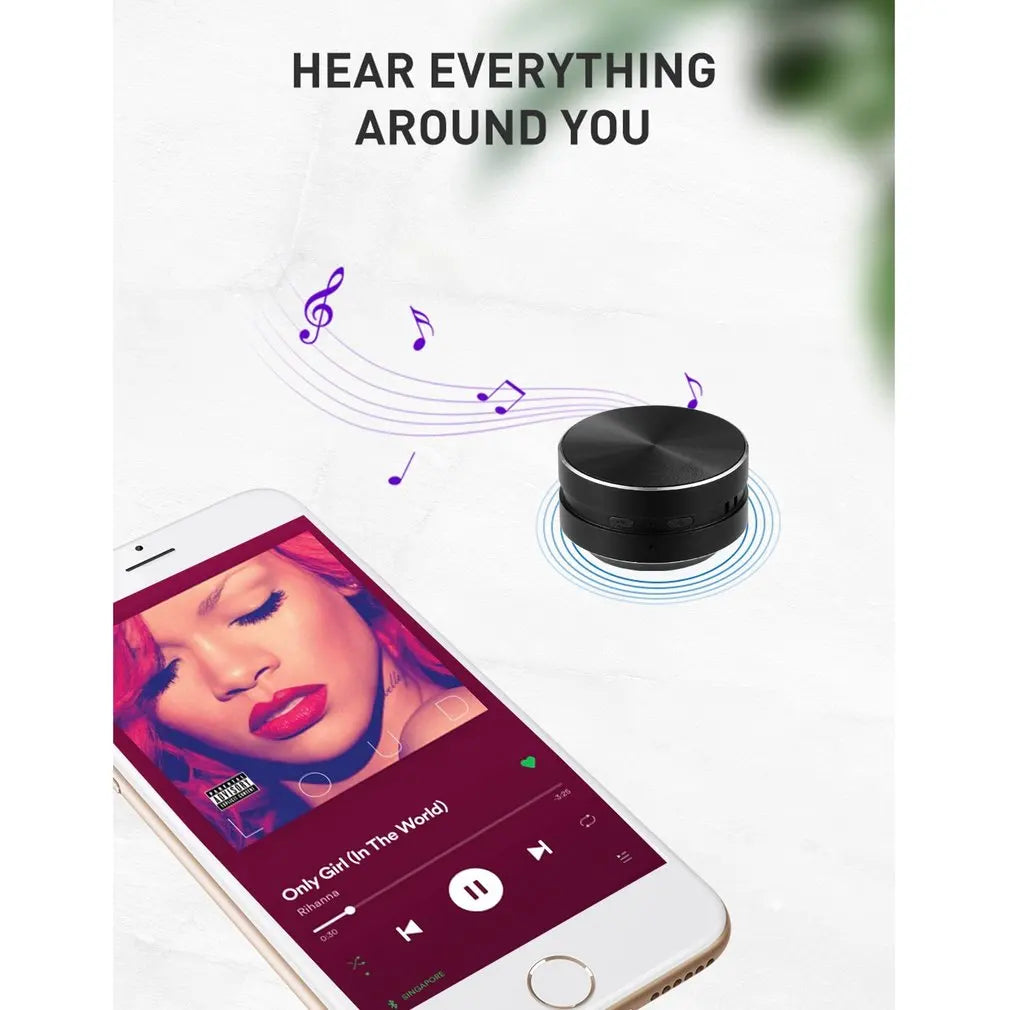 SonicPulse bone conduction speaker shown with smartphone playing music, featuring musical notes and vibration waves