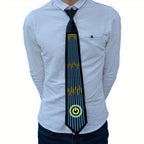 Sound-Activated LED Party Tie displayed on white shirt showing blue and yellow LED pattern with power button design