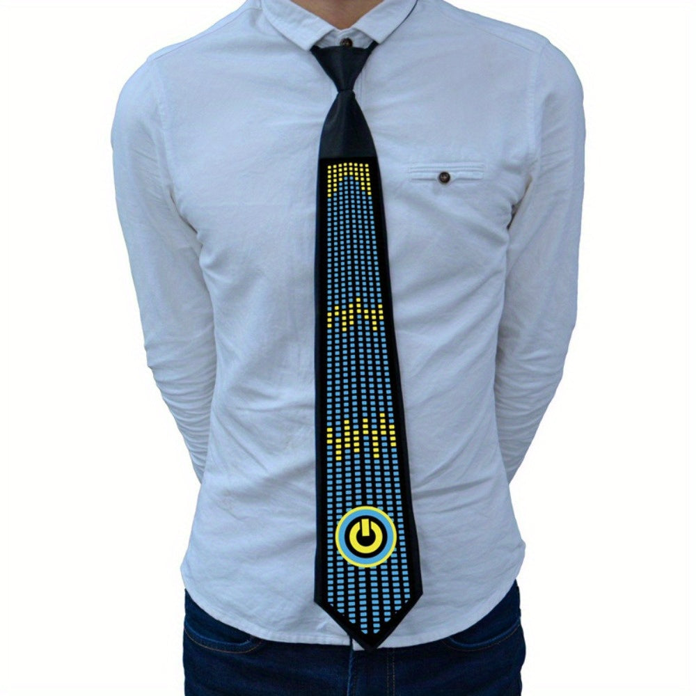 Sound-Activated LED Party Tie displayed on white shirt showing blue and yellow LED pattern with power button design