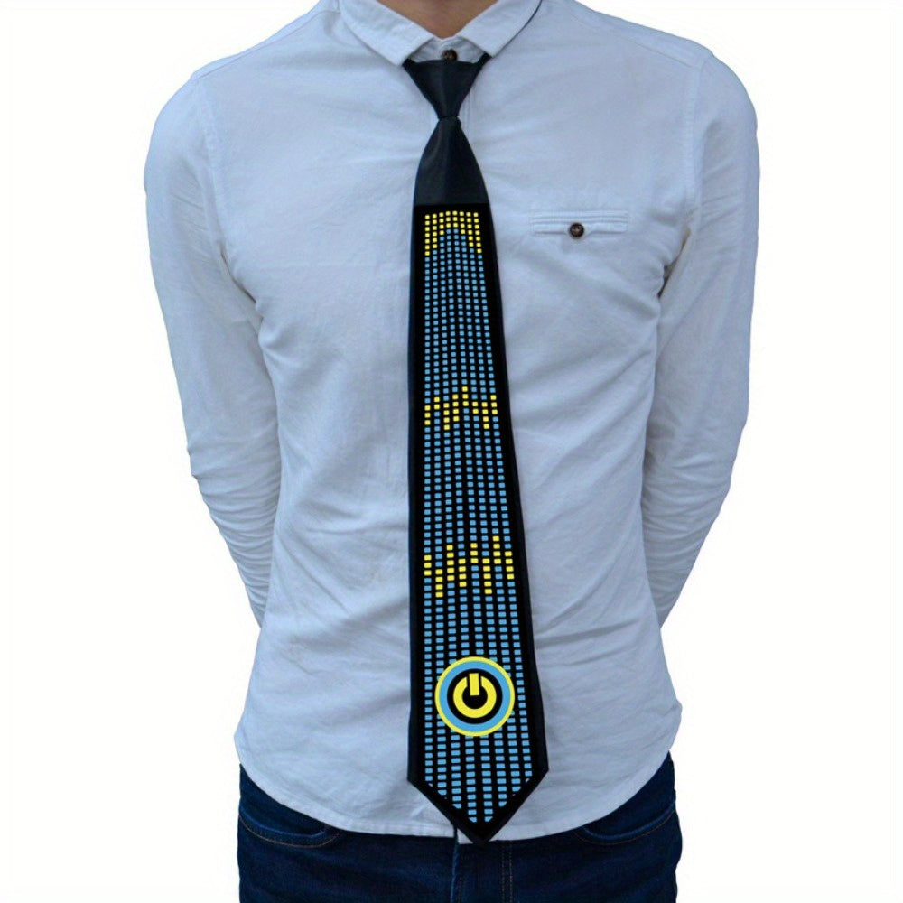 Sound-Activated LED Party Tie displayed on white shirt showing blue and yellow light matrix pattern with power button design