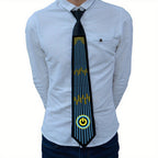 Sound-Activated LED Party Tie displayed on white shirt showing blue and yellow light matrix pattern with power button design