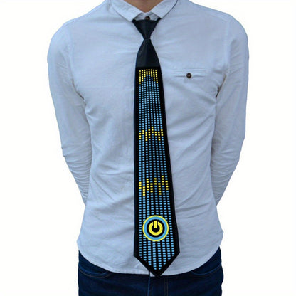 Sound-Activated LED Party Tie displayed on white shirt showing blue and yellow light matrix pattern with power button design