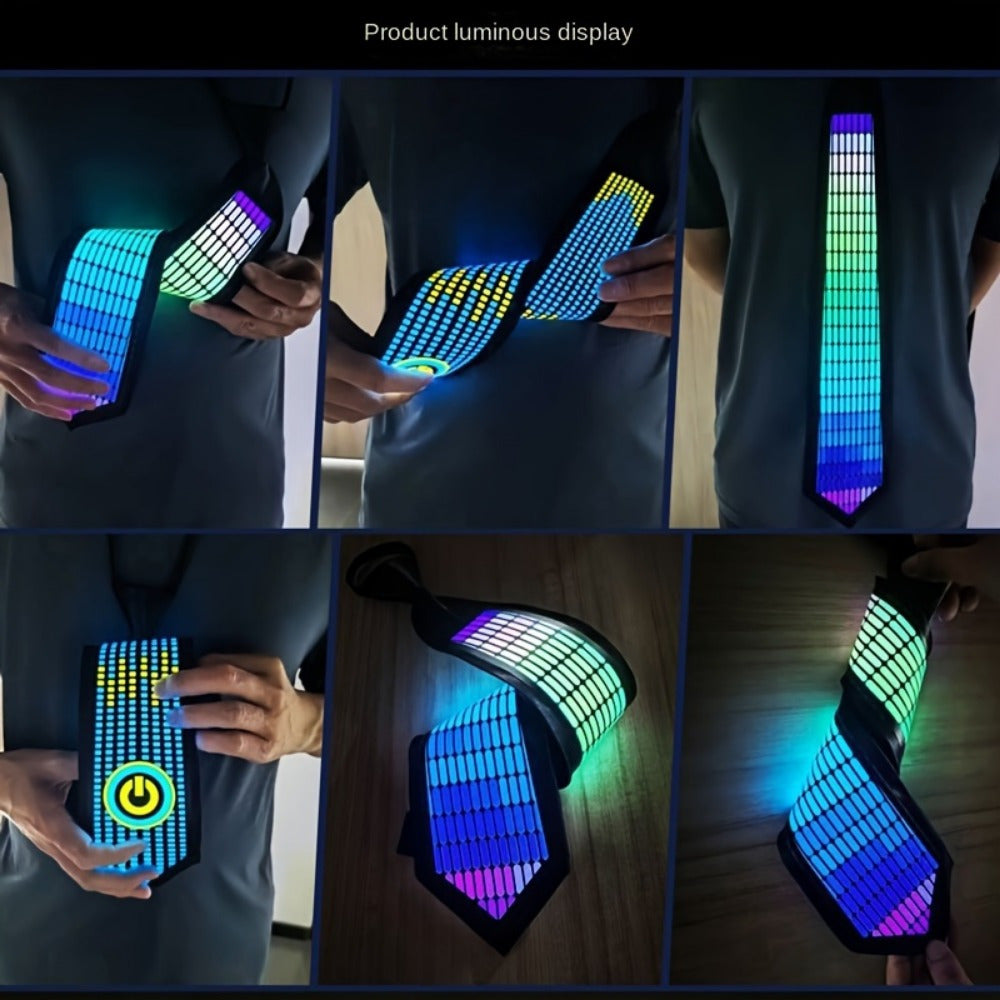 Sound-Activated LED Party Tie showcasing multicolor light patterns in blue, green, and purple with reactive display grid on black fabric