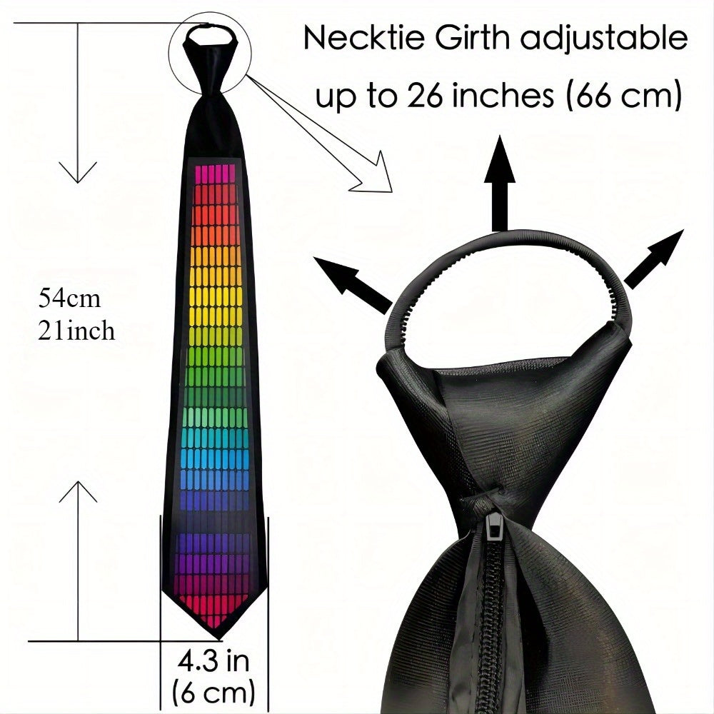 Sound-Activated LED Party Tie with rainbow LED panel, black fabric, adjustable neck strap, 21-inch length and 4.3-inch width