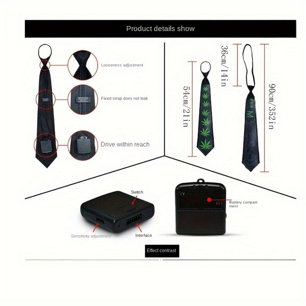 Sound-activated LED party tie product diagram showing design features, dimensions, and battery pack with control unit setup