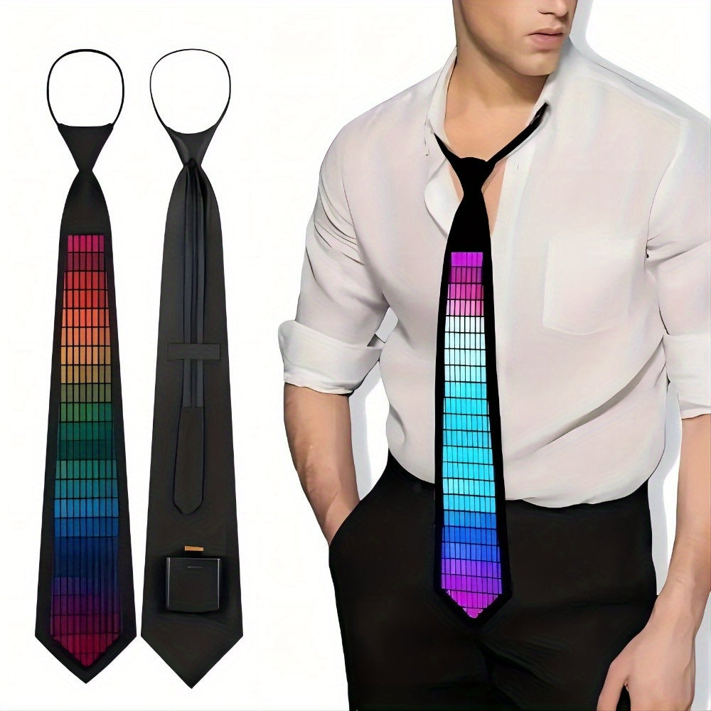 Sound-activated LED party tie with rainbow equalizer display on black fabric, worn with white shirt and dark pants