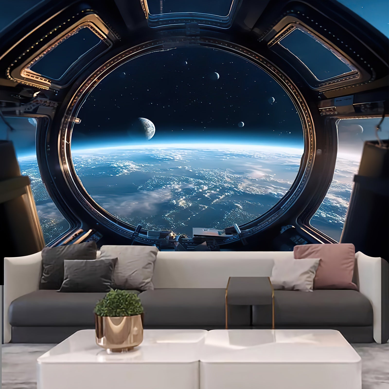 Space Portal tapestry featuring Earth view from spacecraft window with moons and stars in deep space horizon