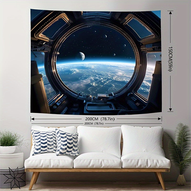 Space Portal tapestry featuring Earth view through spacecraft window with stars and moon against deep space background