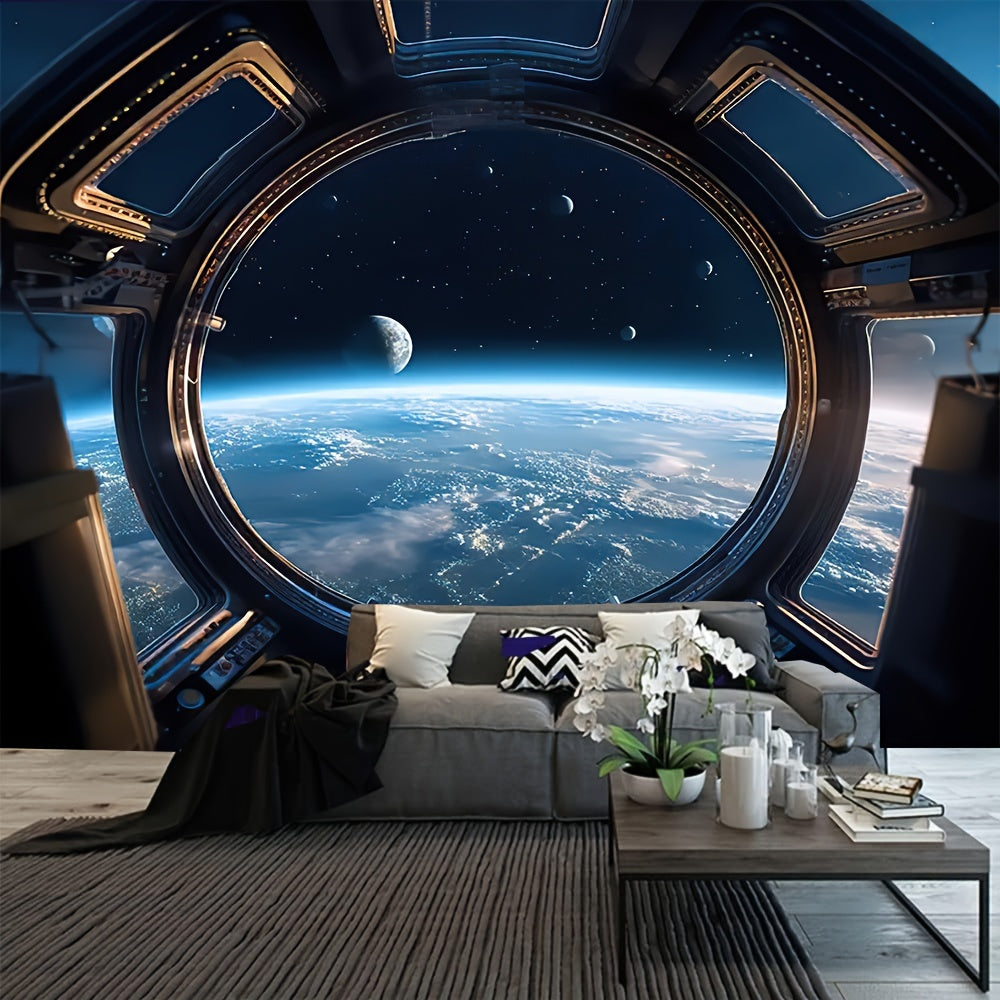Space Portal tapestry featuring spacecraft window view of Earth, moon, and stars from orbital perspective in modern room