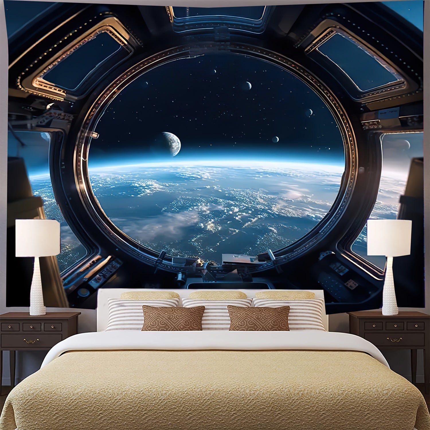 Space Portal tapestry featuring spacecraft window view of Earth, moon, and stars in deep space - cosmic bedroom decor