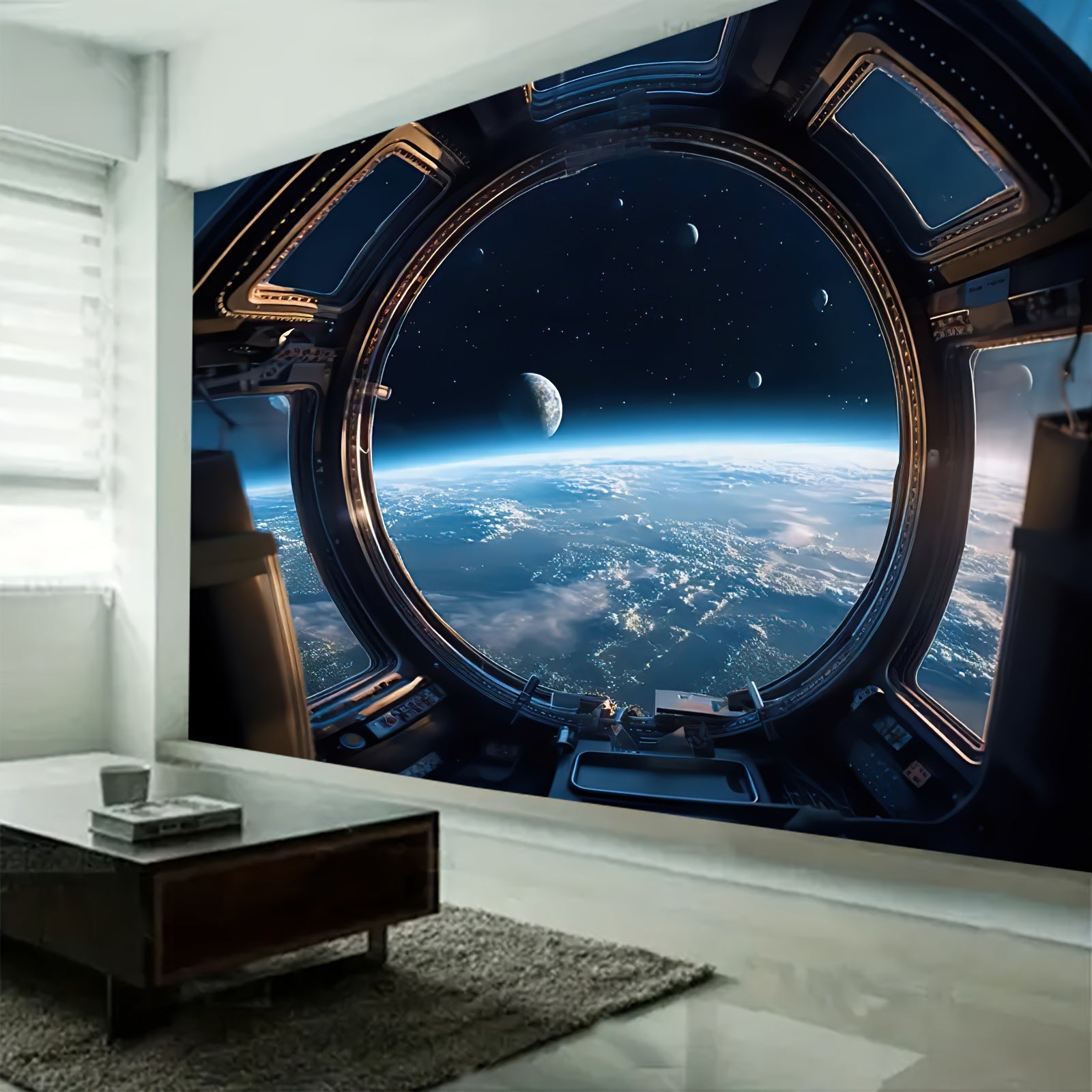 Space Portal tapestry featuring view of Earth and moon through spacecraft window in modern living room setting