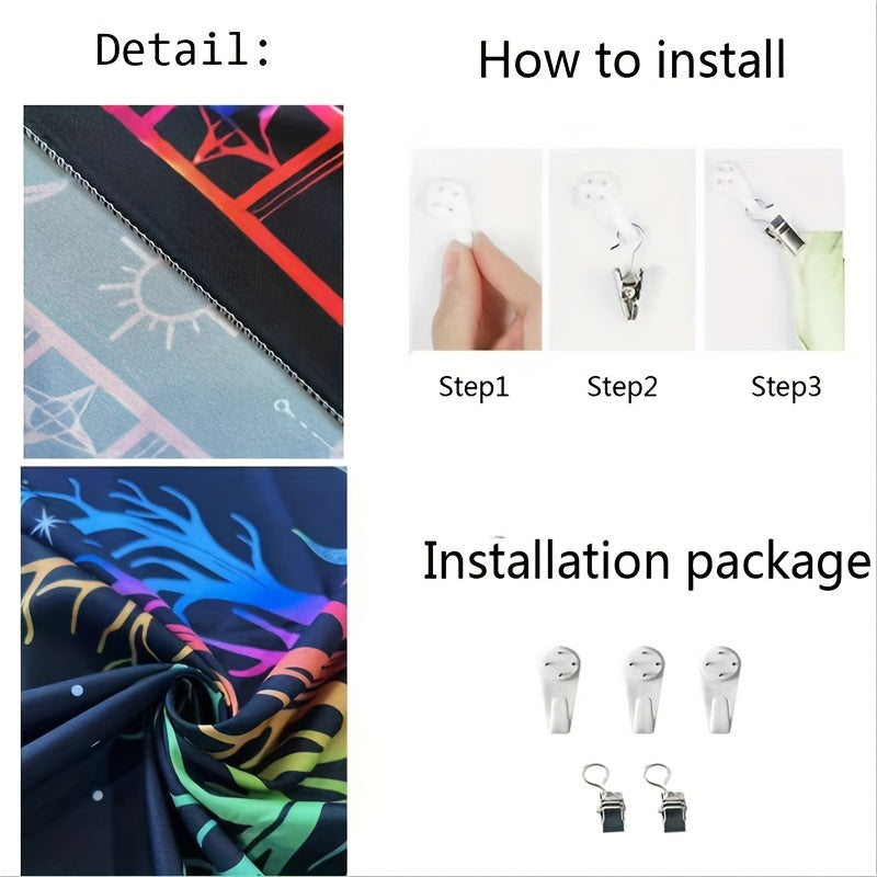 Space Portal tapestry installation guide showing fabric texture, hanging hooks, and step-by-step mounting instructions with included hardware