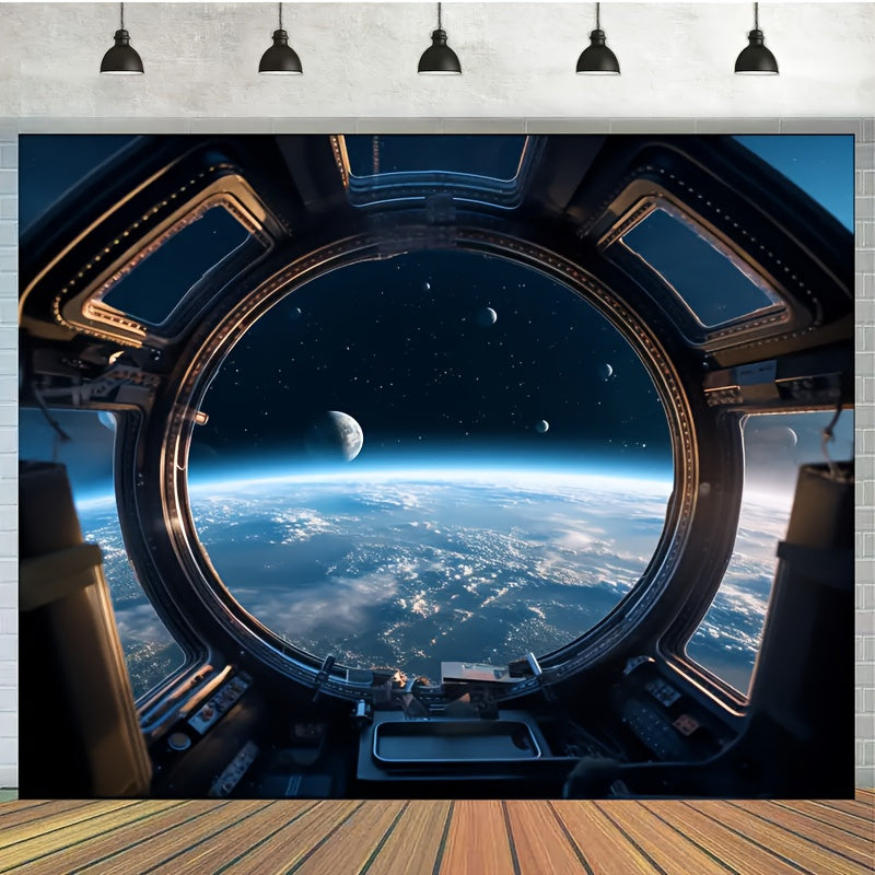 Space Portal tapestry showing Earth view from spacecraft window with stars, moon, and cosmic atmosphere in deep blue hues