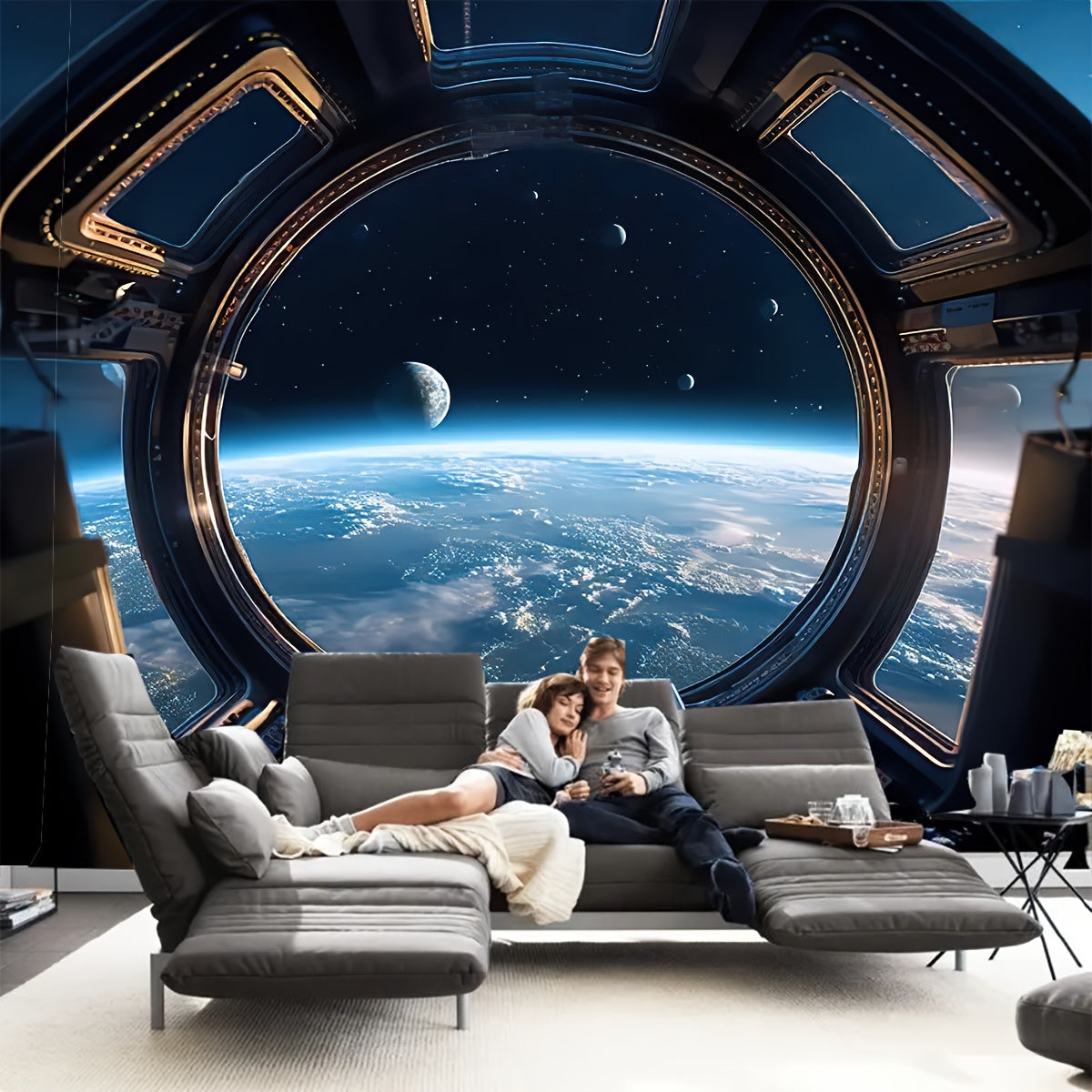 Space Portal tapestry showing Earth view from spacecraft window with stars, moons and cosmic atmosphere - modern interior decor